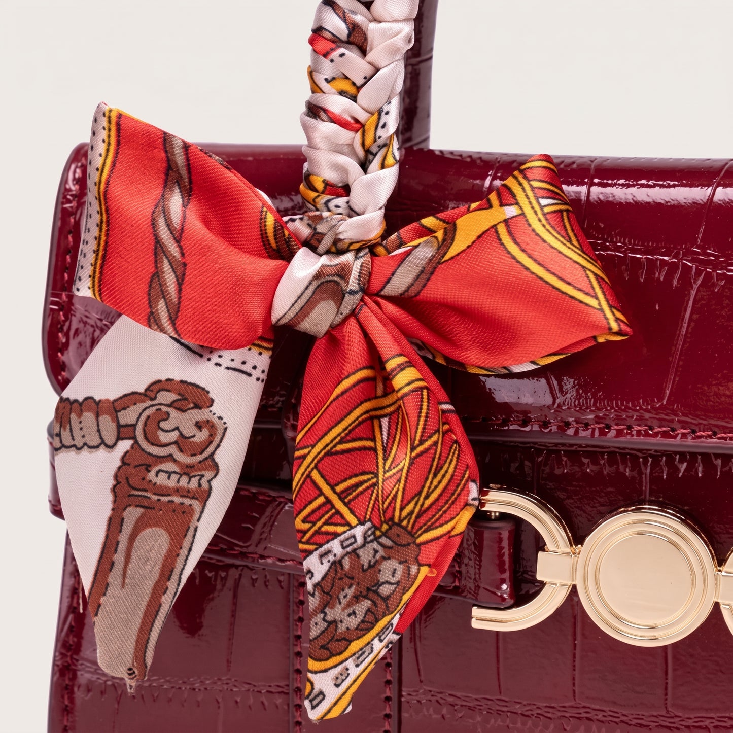 Gentle Glossy Croc Vegan Eco-Leather Satchel Clutch Bag with Silk Scarf Charm
