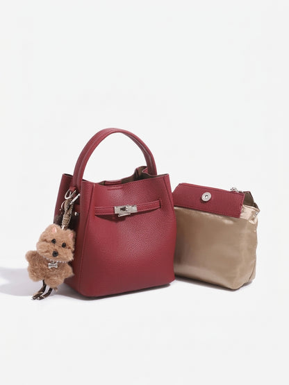 Minimalist Vegan Eco-Leather Mini Bucket Clutch Bag with Lovely Dog Charm