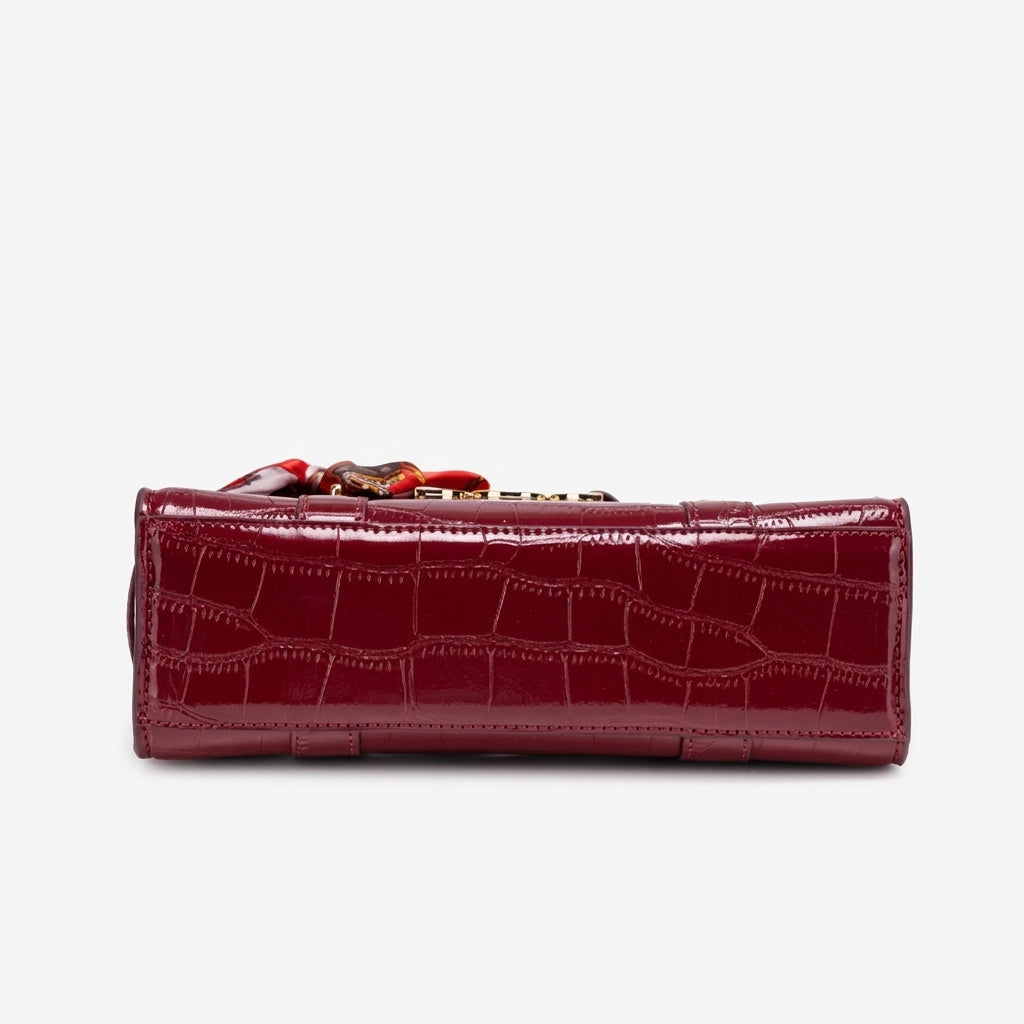 Gentle Glossy Croc Vegan Eco-Leather Satchel Clutch Bag with Silk Scarf Charm