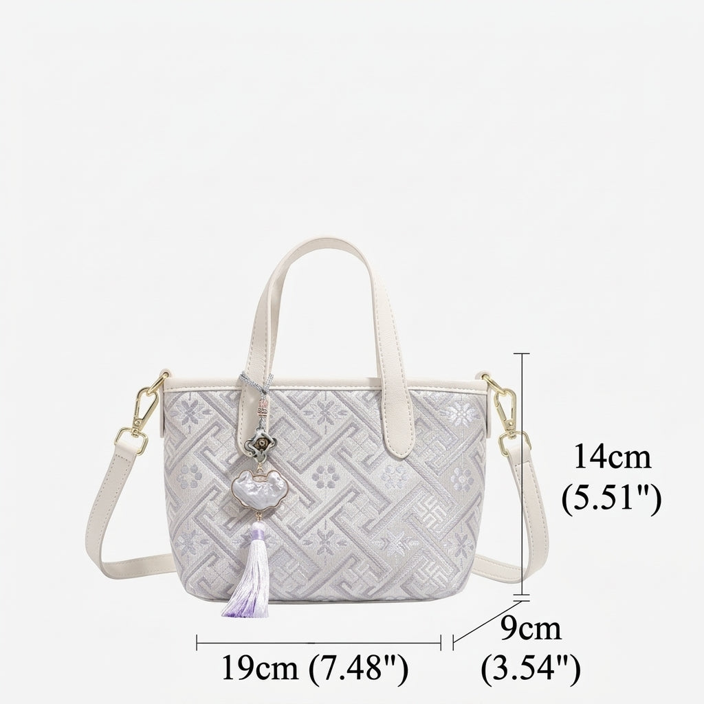 Mellow Oriental Jacquard Vegan Eco-Leather Tote Clutch Bag with Tassel Charm