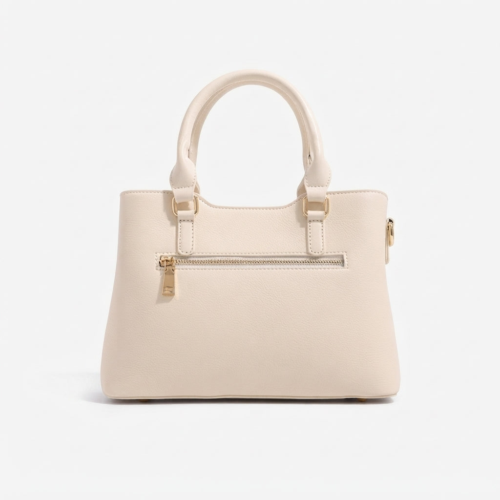 Bolso satchel de mano elegante de ecocuero vegano con estampado jacquard y adorno de cierre calado