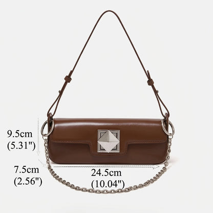 Bolso baguette minimalista de cuero genuino liso con hebilla plateada