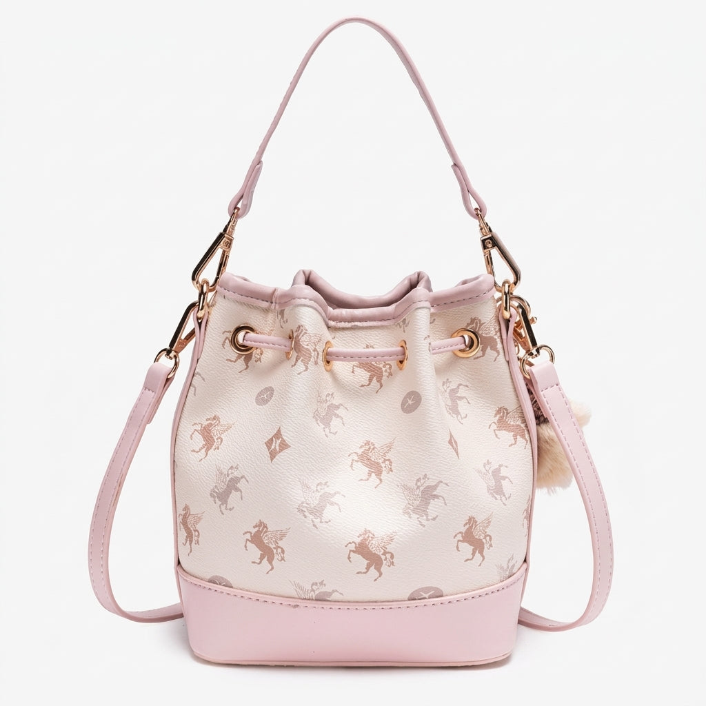 Ätherische Pegasus-Muster vegane Eco-Leder Bucket Clutch Tasche mit hübschem Charm