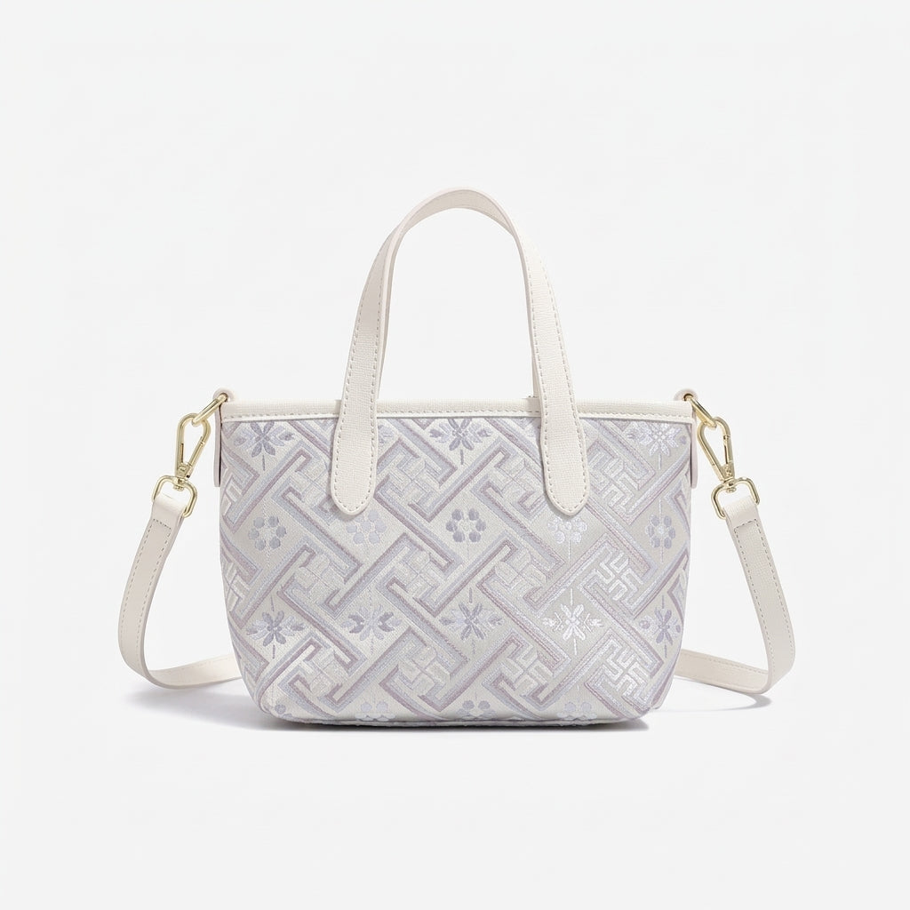 Mellow Oriental Jacquard Vegan Eco-Leather Tote Clutch Bag with Tassel Charm