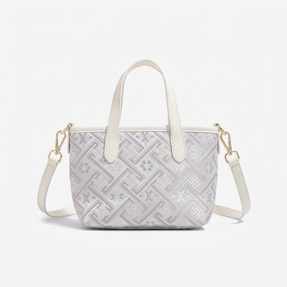 Mellow Oriental Jacquard Vegan Eco-Leather Tote Clutch Bag with Tassel Charm