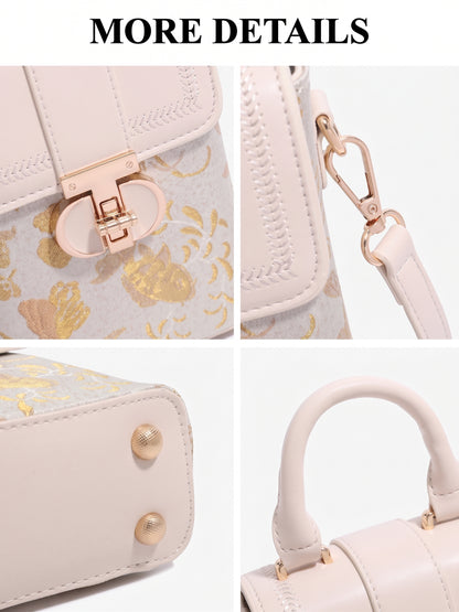 Geantă clutch elegantă mini pentru telefon, cu clapetă, din jacard oriental, cu breloc pufos