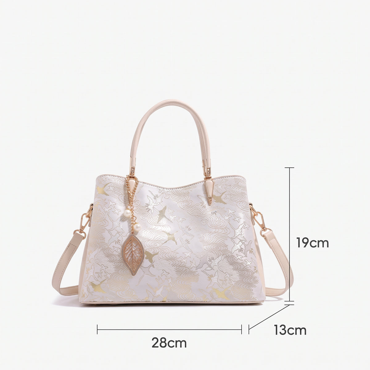 Geantă clutch sofisticată din piele ecologică vegană cu jacard oriental, cu breloc în formă de frunză