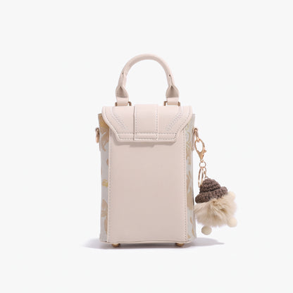 Geantă clutch elegantă mini pentru telefon, cu clapetă, din jacard oriental, cu breloc pufos