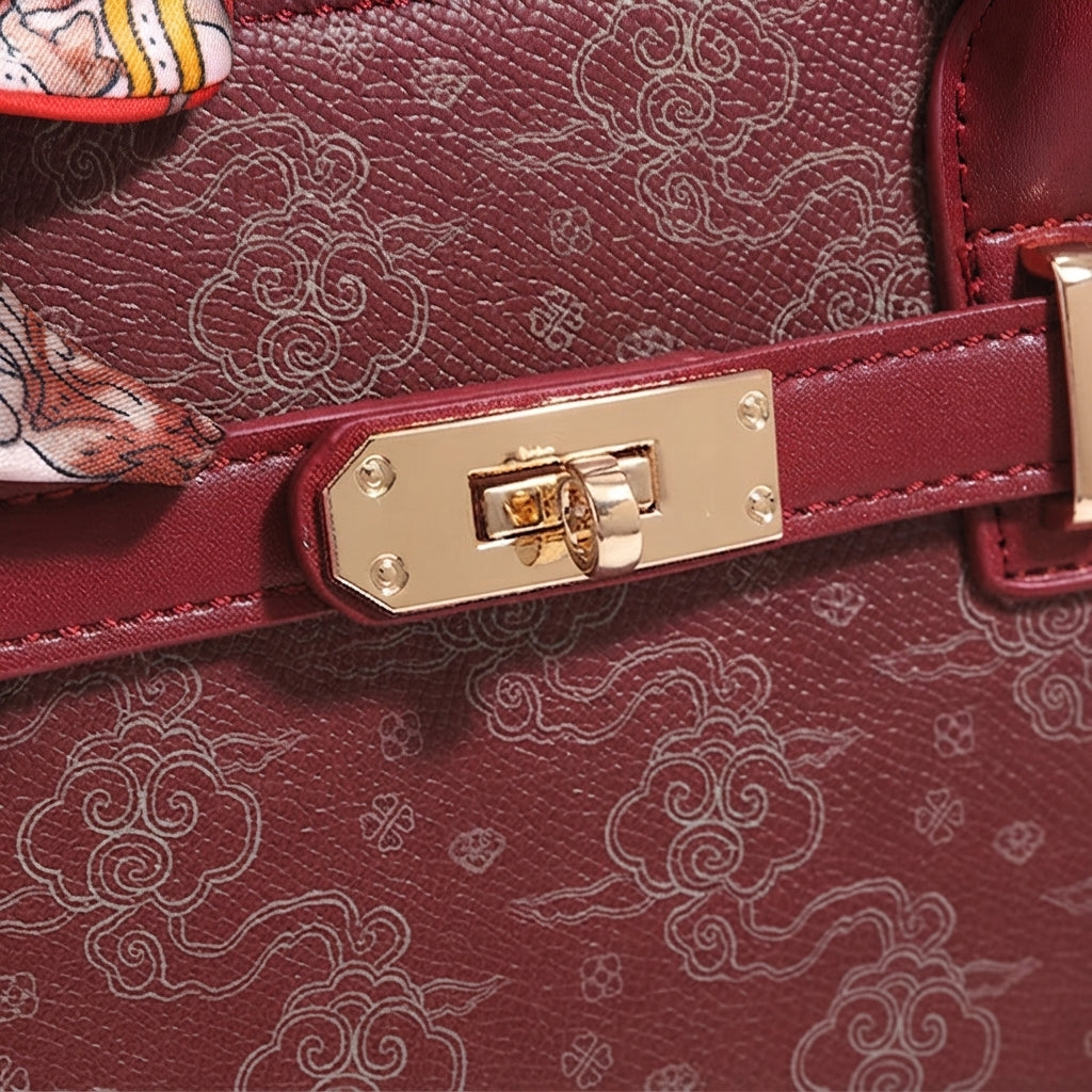 Geantă clutch modernă din piele ecologică vegană cu motiv de nori și accesoriu cu eșarfă de mătase