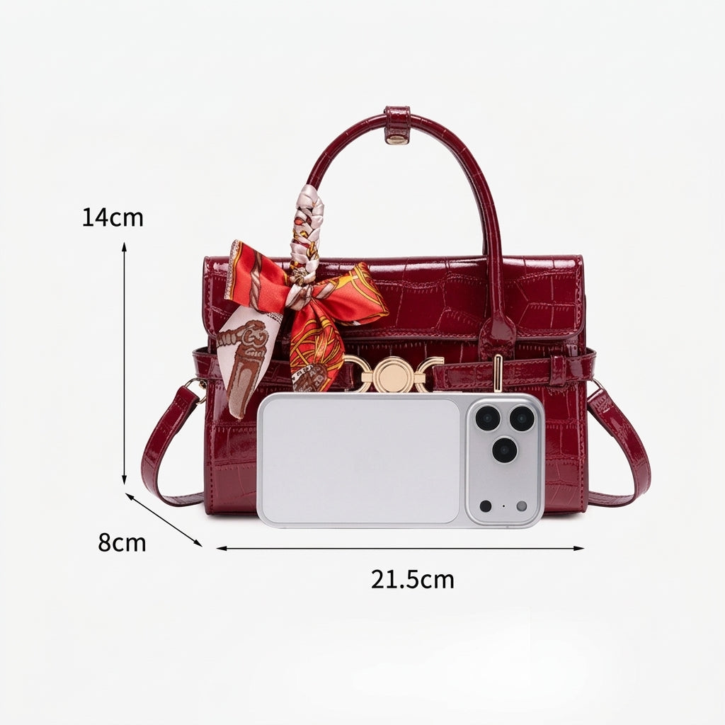 Gentle Glossy Croc Vegan Eco-Leather Satchel Clutch Bag with Silk Scarf Charm