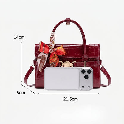 Gentle Glossy Croc Vegan Eco-Leather Satchel Clutch Bag with Silk Scarf Charm