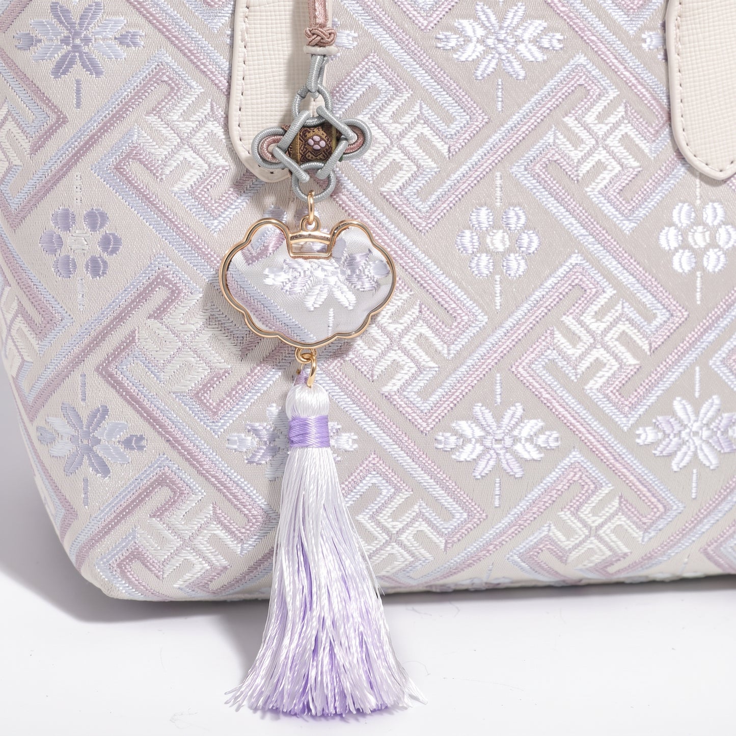 Mellow Oriental Jacquard Vegan Eco-Leather Tote Clutch Bag with Tassel Charm