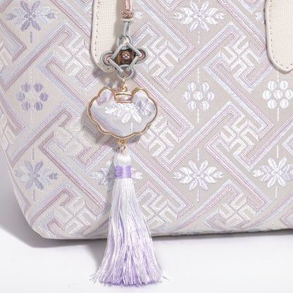 Mellow Oriental Jacquard Vegan Eco-Leather Tote Clutch Bag with Tassel Charm