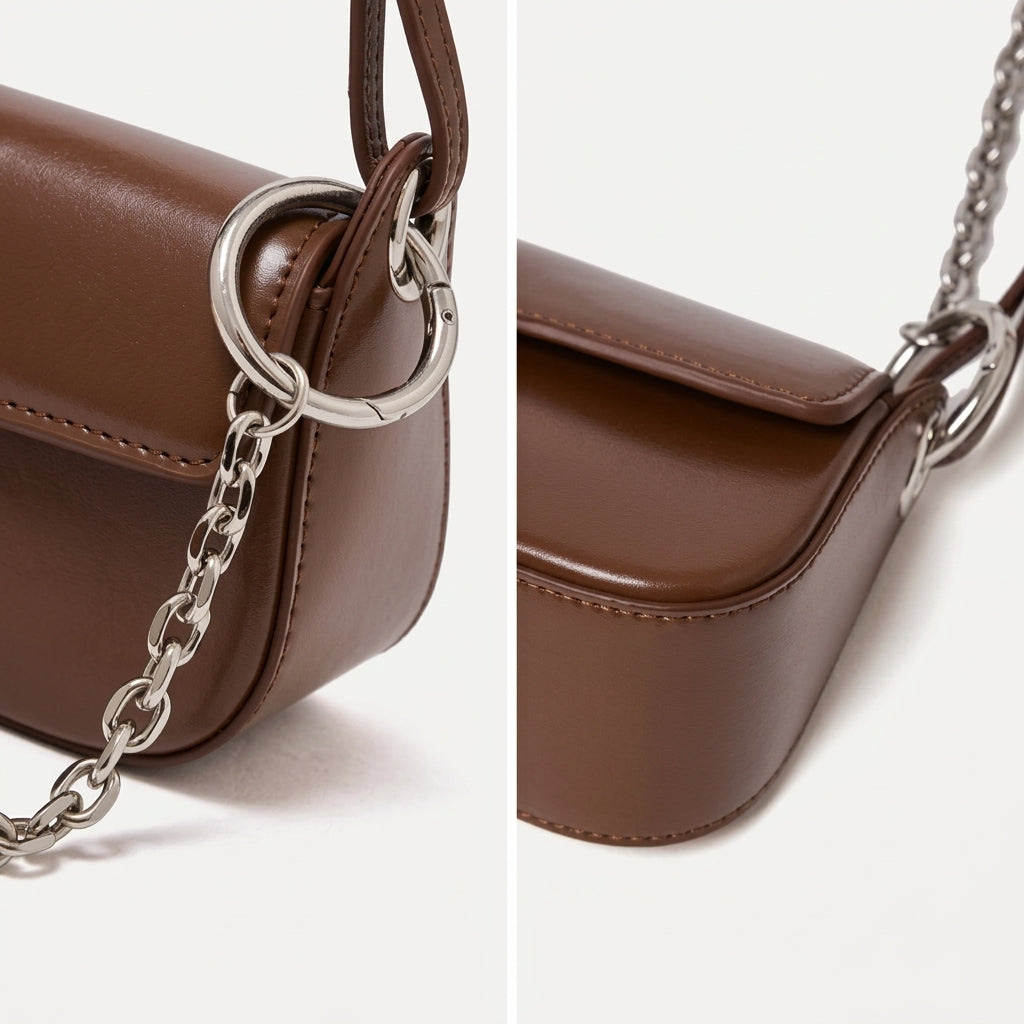 Bolso baguette minimalista de cuero genuino liso con hebilla plateada