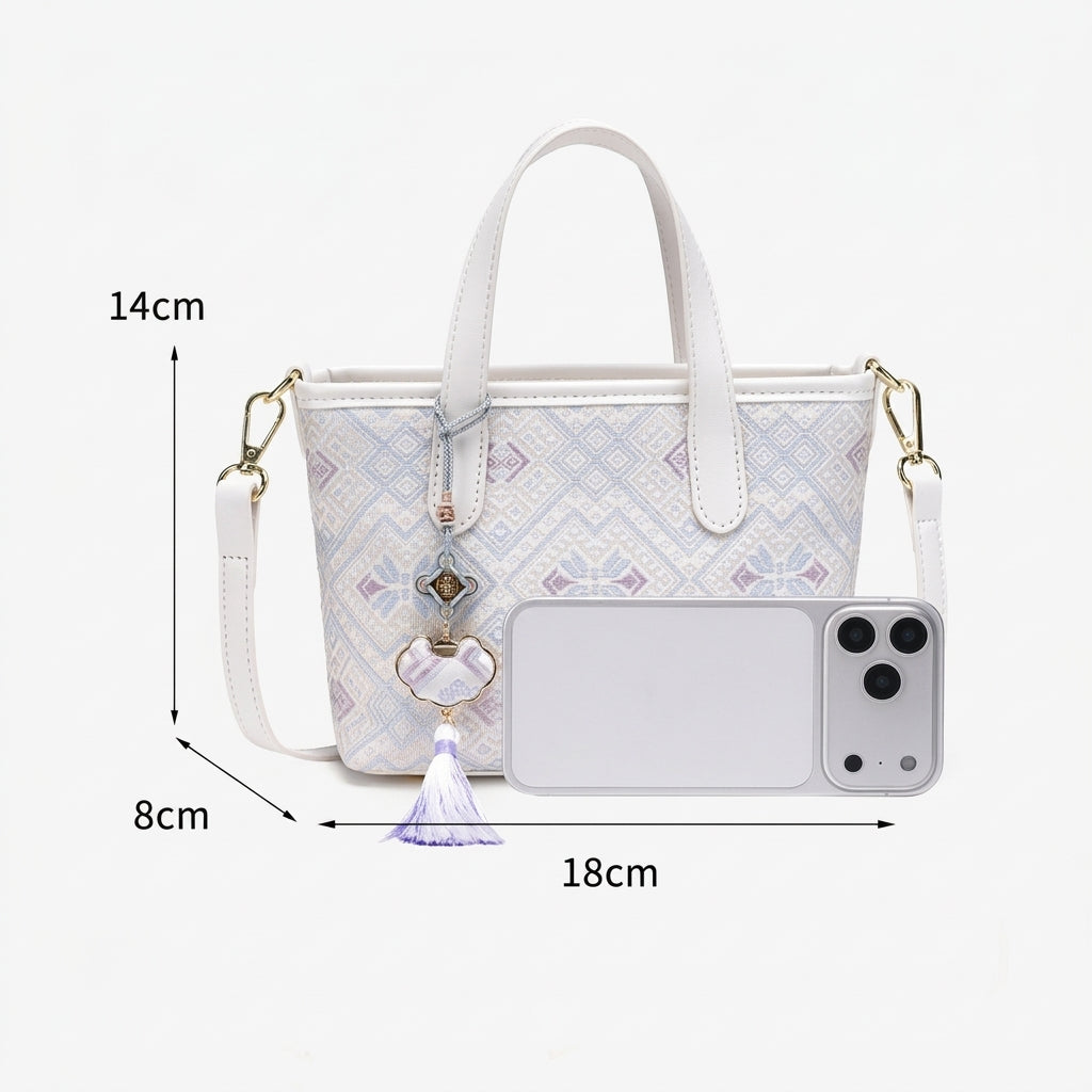 Serene Oriental Brocade Vegan Eco-Leather Mini Tote Clutch Bag with Tassel Charm