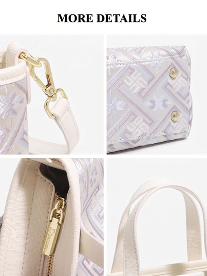Mellow Oriental Jacquard Vegan Eco-Leather Tote Clutch Bag with Tassel Charm