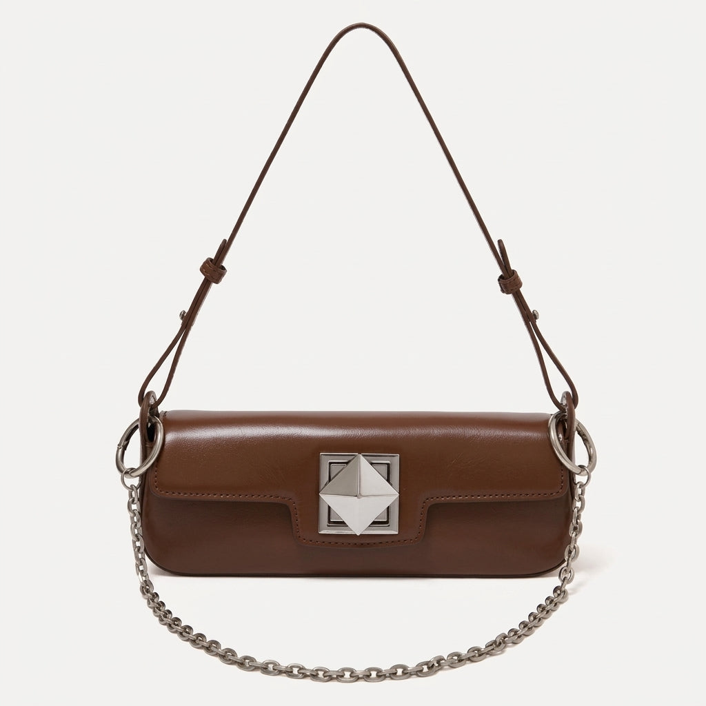 Bolso baguette minimalista de cuero genuino liso con hebilla plateada