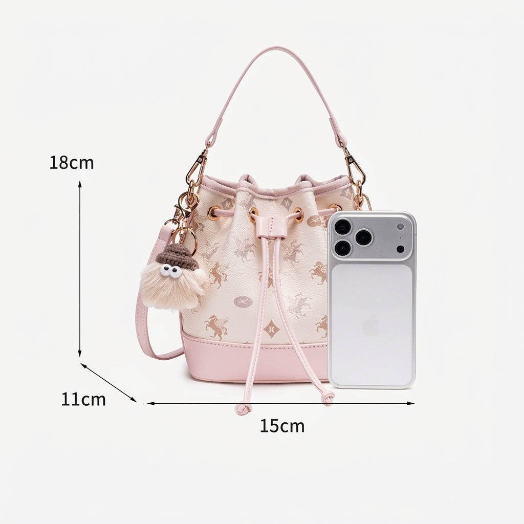 Ätherische Pegasus-Muster vegane Eco-Leder Bucket Clutch Tasche mit hübschem Charm