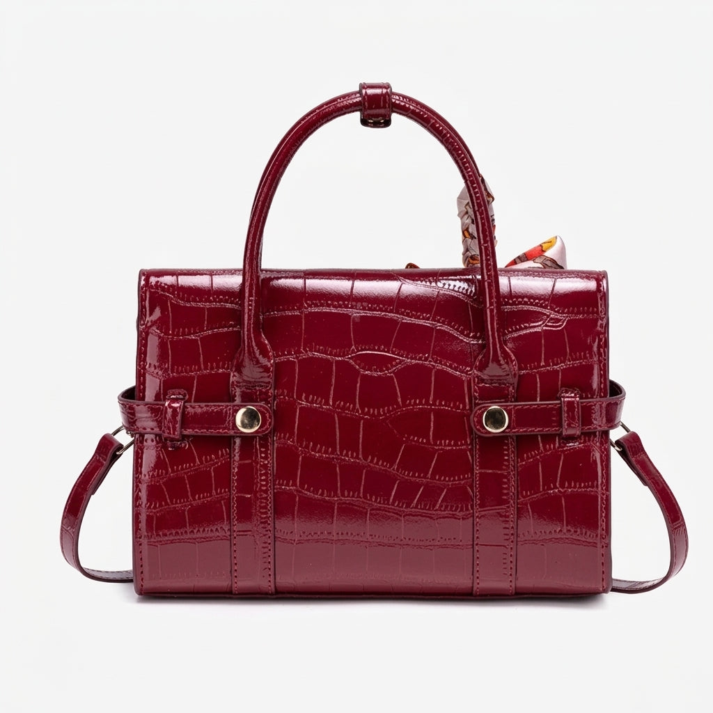 Gentle Glossy Croc Vegan Eco-Leather Satchel Clutch Bag with Silk Scarf Charm