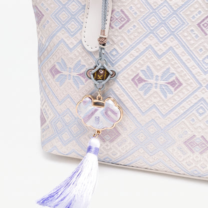 Serene Oriental Brocade Vegan Eco-Leather Mini Tote Clutch Bag with Tassel Charm