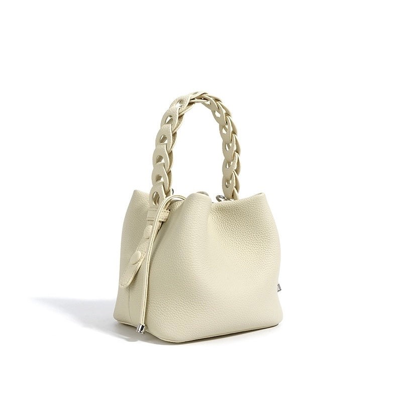 Women's Genuine Top-Grain Leather Versatile Commuting Bucket Bag Single-Shoulder Crossbody Elegant Handheld Bag