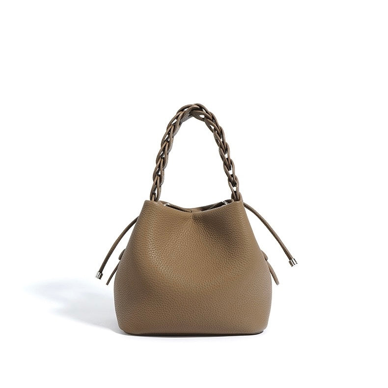 Women's Genuine Top-Grain Leather Versatile Commuting Bucket Bag Single-Shoulder Crossbody Elegant Handheld Bag