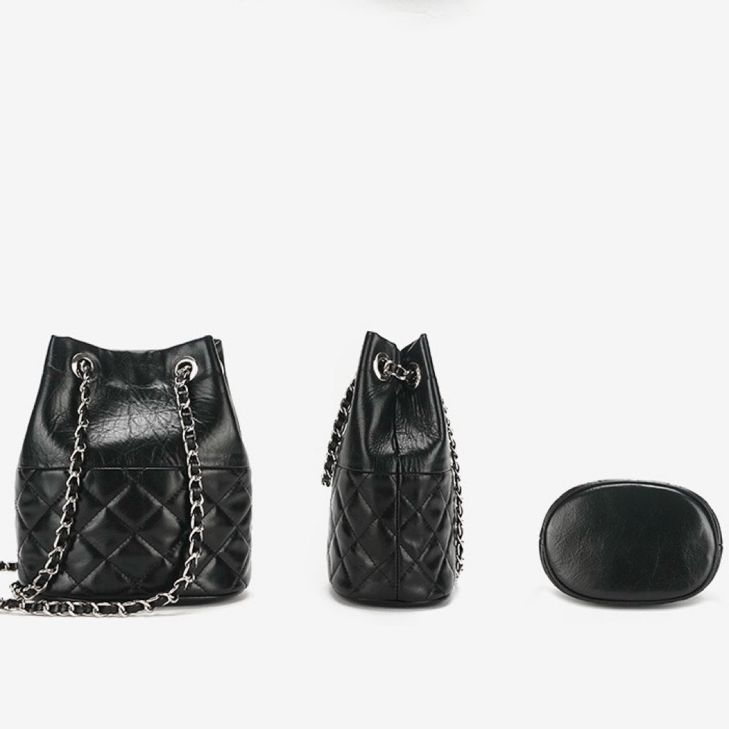 Women’s Genuine Leather Quilted Chain Bucket Bag