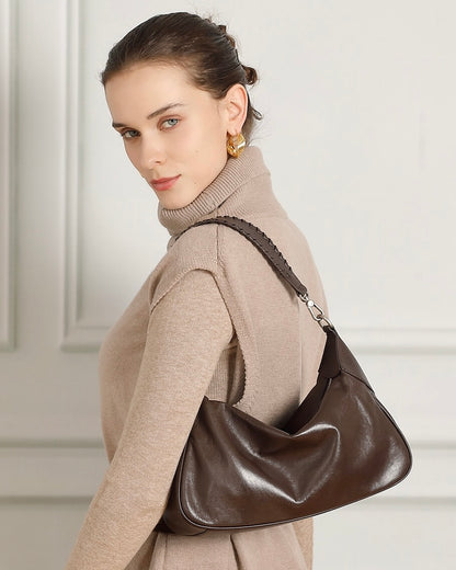 Braided-Handle Genuine Saddle Leather Hobo Bag