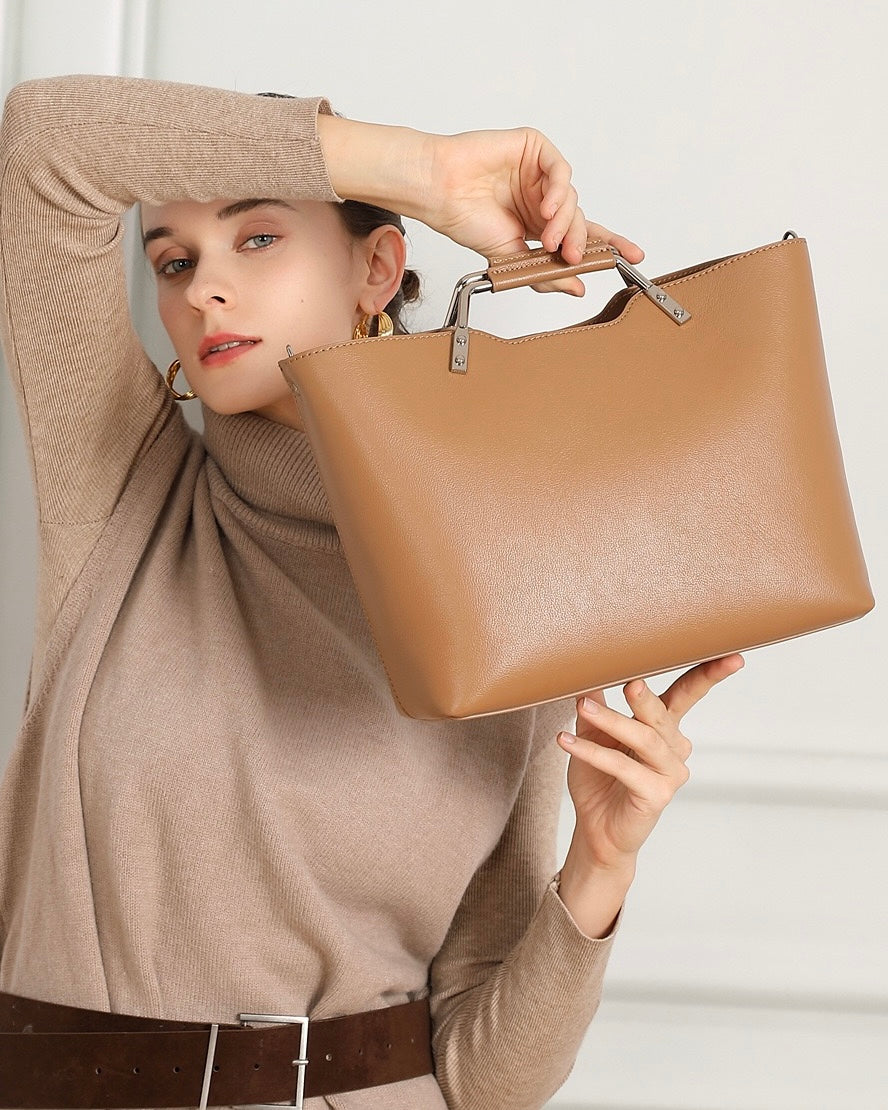 Genuine Leather Arch-Handle Minimalist Commuter Crossbody Bag