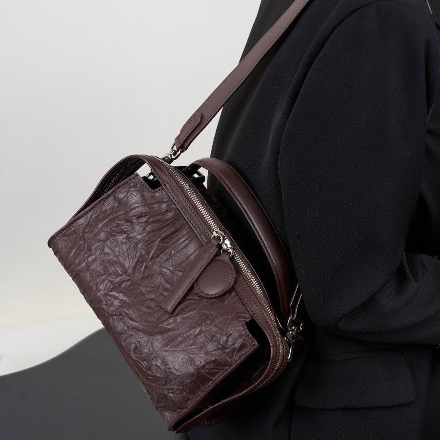 Women’s Genuine Leather Crinkled Boston Bag – Soft Shine Handheld & Crossbody