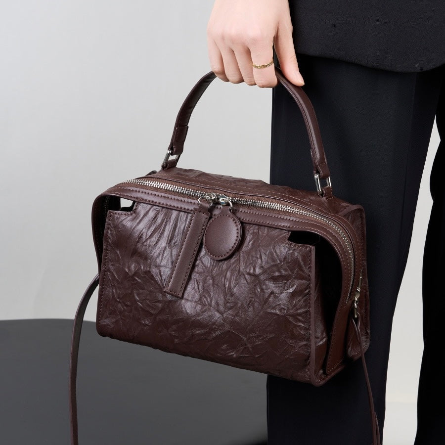 Women’s Genuine Leather Crinkled Boston Bag – Soft Shine Handheld & Crossbody