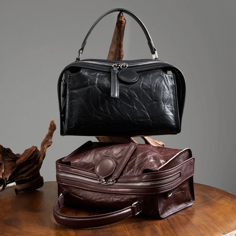 Women’s Genuine Leather Crinkled Boston Bag – Soft Shine Handheld & Crossbody