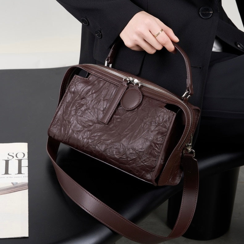 Women’s Genuine Leather Crinkled Boston Bag – Soft Shine Handheld & Crossbody