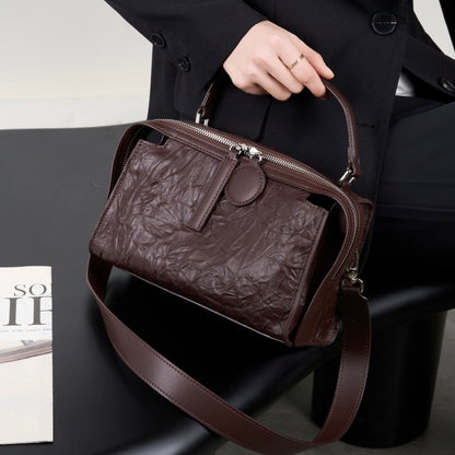 Women’s Genuine Leather Crinkled Boston Bag – Soft Shine Handheld & Crossbody