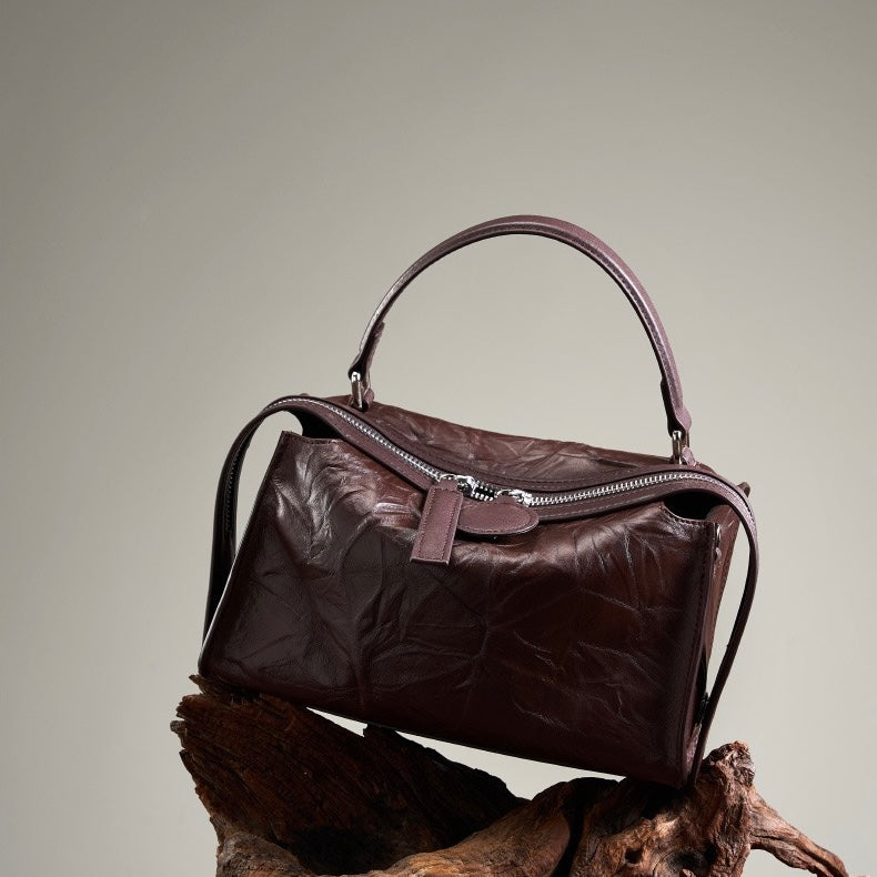 Women’s Genuine Leather Crinkled Boston Bag – Soft Shine Handheld & Crossbody