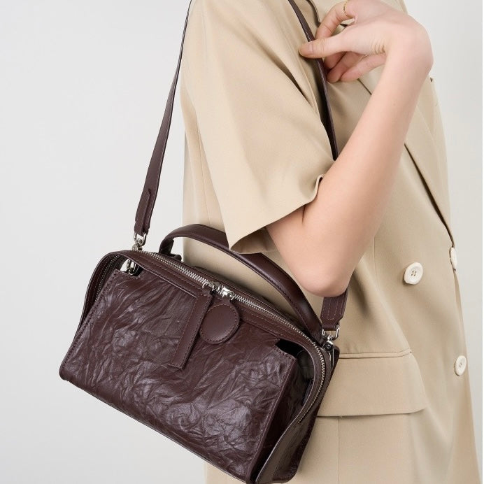 Women’s Genuine Leather Crinkled Boston Bag – Soft Shine Handheld & Crossbody