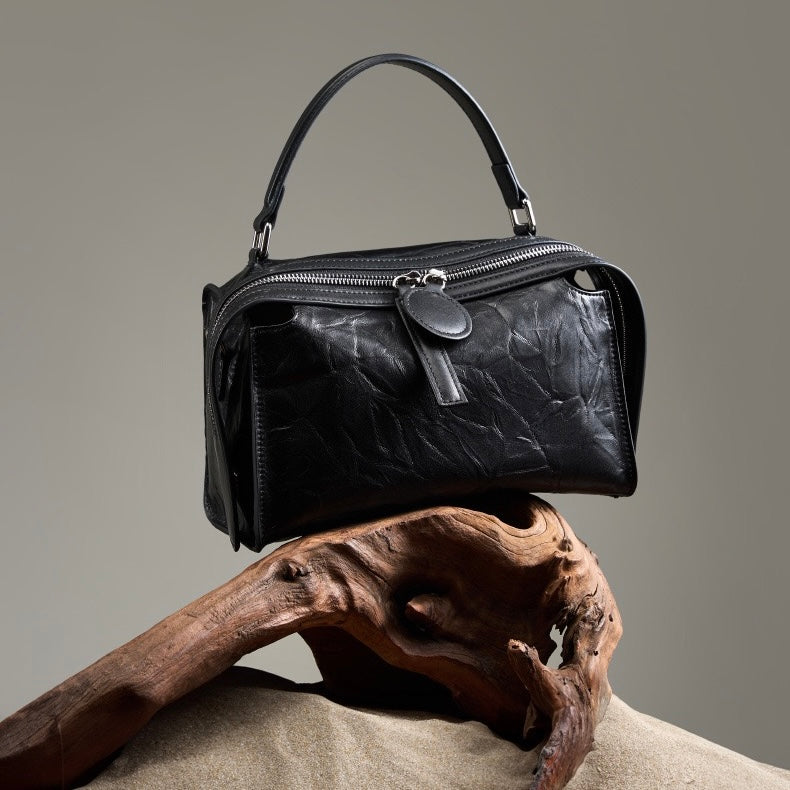 Women’s Genuine Leather Crinkled Boston Bag – Soft Shine Handheld & Crossbody
