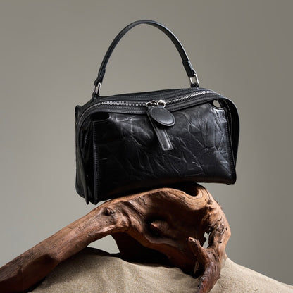 Women’s Genuine Leather Crinkled Boston Bag – Soft Shine Handheld & Crossbody