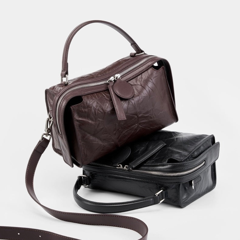 Women’s Genuine Leather Crinkled Boston Bag – Soft Shine Handheld & Crossbody