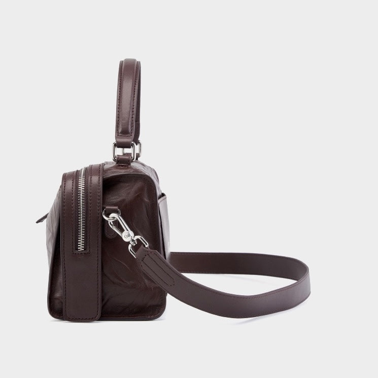 Women’s Genuine Leather Crinkled Boston Bag – Soft Shine Handheld & Crossbody