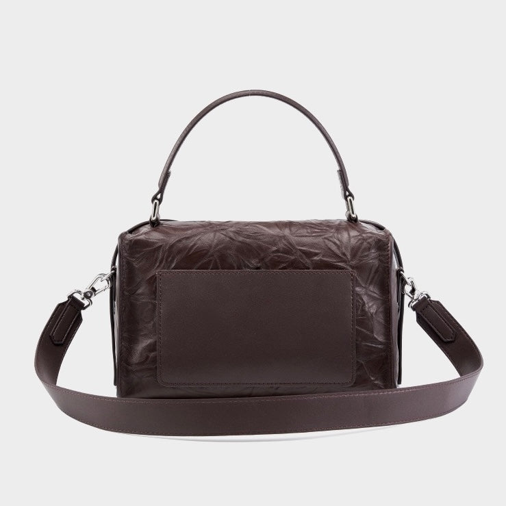Women’s Genuine Leather Crinkled Boston Bag – Soft Shine Handheld & Crossbody