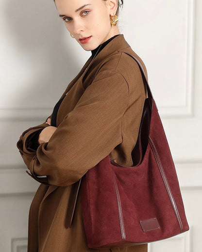 Women's Suede Structured Hobo Bag with Contrast Stitching