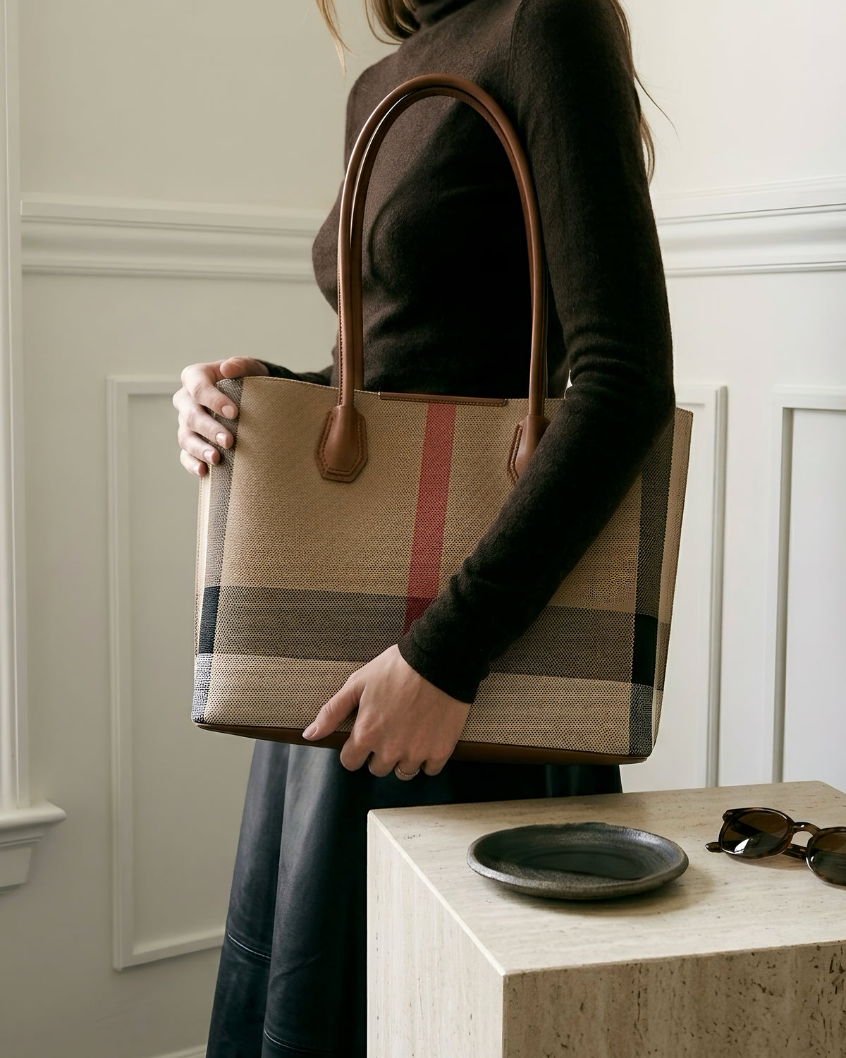 Classic British Plaid Colorblock Vegan Eco-Leather Tote Bag