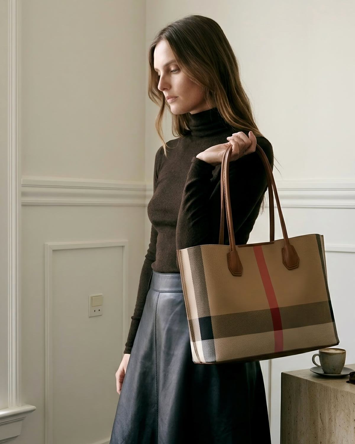 Classic British Plaid Colorblock Vegan Eco-Leather Tote Bag