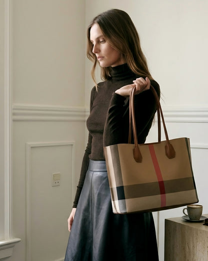 Classic British Plaid Colorblock Vegan Eco-Leather Tote Bag