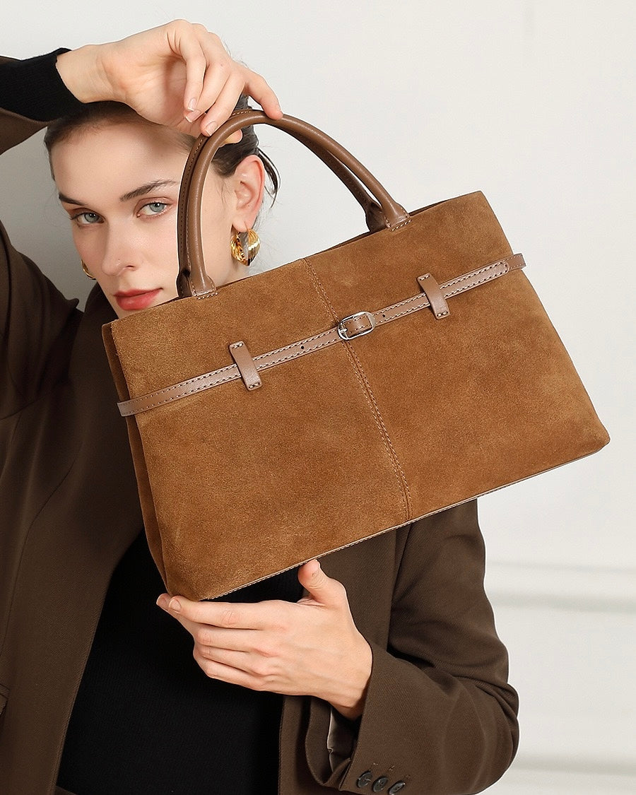 Bolso Tote estructurado de cuero genuino de ante retro