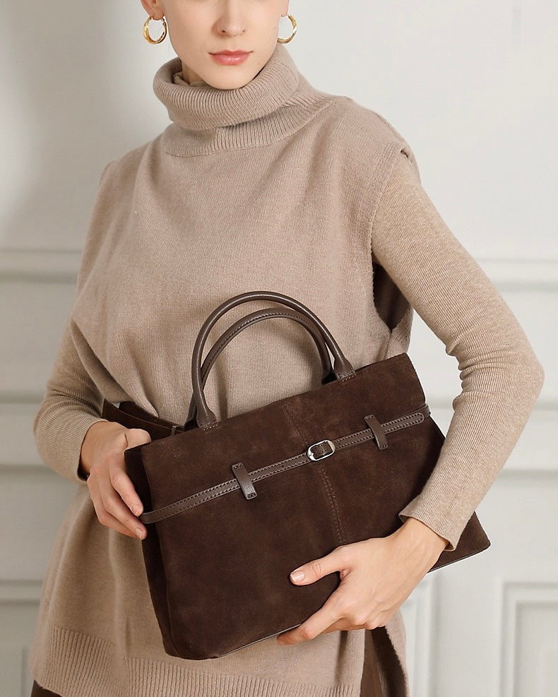 Bolso Tote estructurado de cuero genuino de ante retro