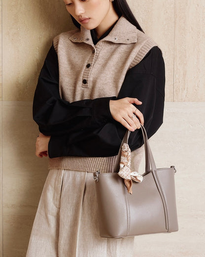 Women's Genuine Leather Handbag with Signature Ribbon Embellishment