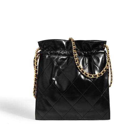 Women’s Genuine Leather Quilted Chain Bucket Bag – Chic Crossbody for Daily Style