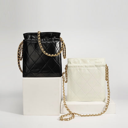 Women’s Genuine Leather Quilted Chain Bucket Bag – Chic Crossbody for Daily Style